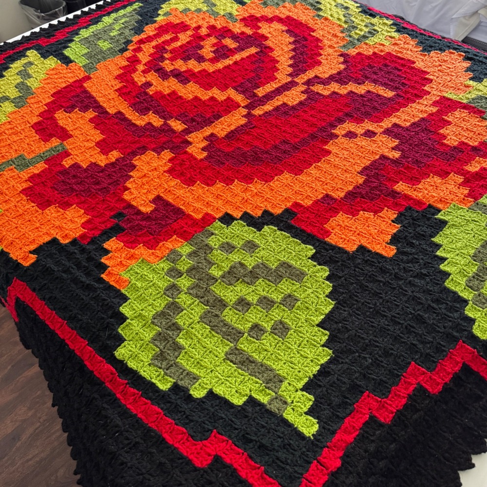 Handmade Crochet Rose Throw Blanket Black Red Orange Floral Pixel Afghan 72x70" - Picture 12 of 14
